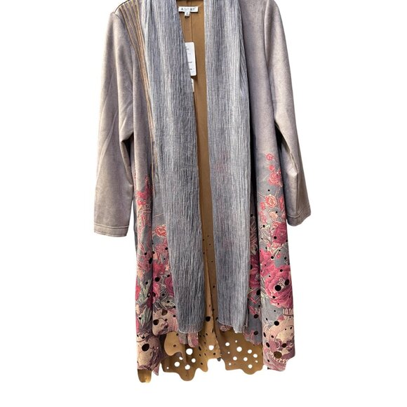 Adore Taupe‎ Knitwear Swing Coat. Trench Jacket With Floral Embroidery & Scarf - Picture 2 of 16